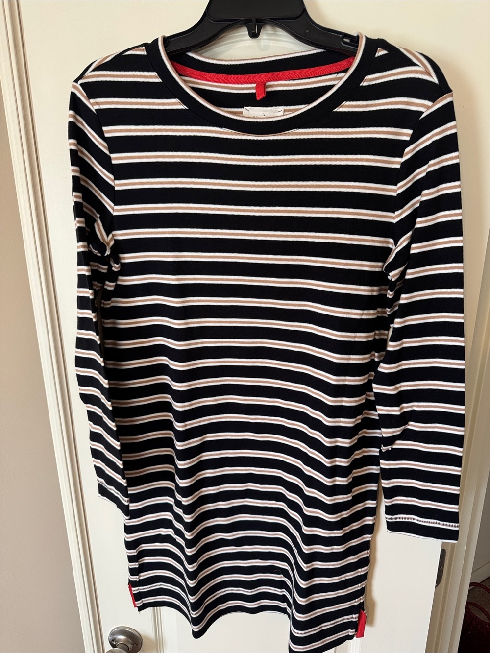 Lou and Grey Women's Black, White & Tan Striped Long-Sleeve Dress